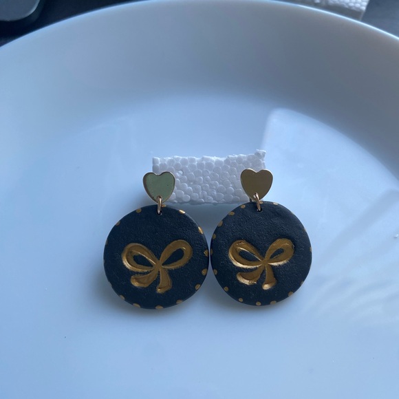 Jewelry - Handmade Black & Gold Bow Drop Earrings